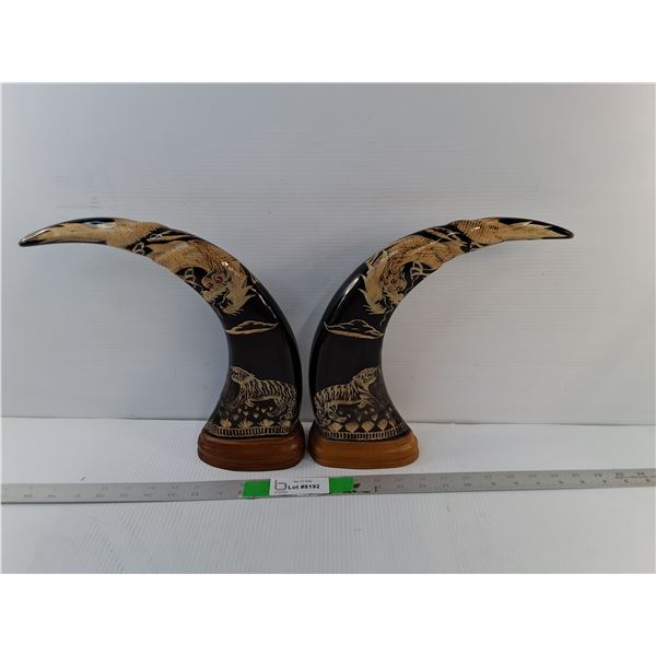 (2) Carved Horn Ornaments 10.75"