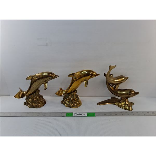 (3) Brass Dolphin Figurines Up to 8.75"