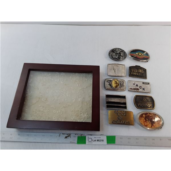 Wooden Display Case 11" x 9.5" & (10) Belt Buckles- 4-H Club, The Pioneer, Misc.