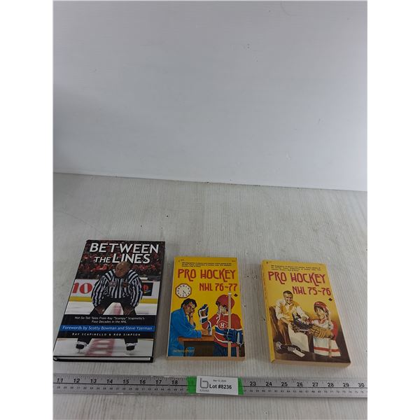 (3) Hockey Books- Between The Lines, (2) Pro Hockey NHL 75'-77'
