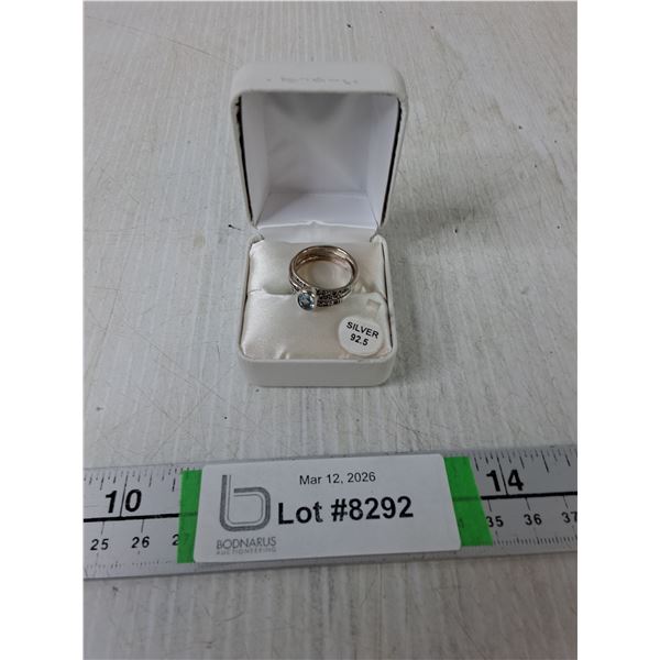 Blue Topaz & Marcasite 3 Band Ring Set - Size 8