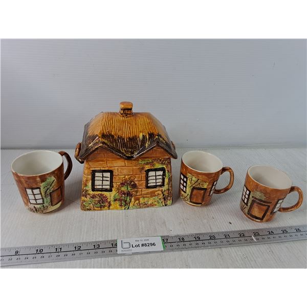 Cottage Ware Cookie Jar & (3) Matching Mugs - Ceramic