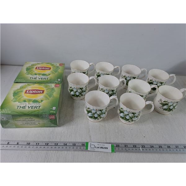 (10) Royal Albert Coffee Mugs - No Chips/Cracks, Trillium Pattern & (2) Boxes of Green Tea- Sealed