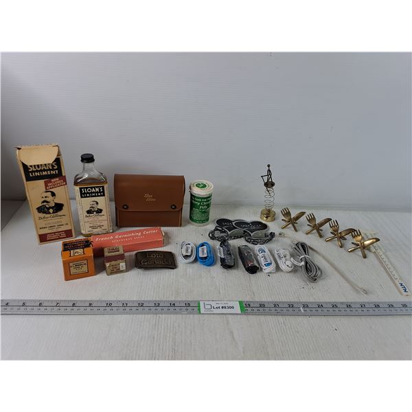 Vinatge Shoe Shine Kit, Brass Napkin Holders, Vinatge Bottle of Liniment, Earphones- Cannot Ship