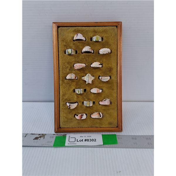(17) Hand Carved Shell Rings with Display Holder Size 4.5-9