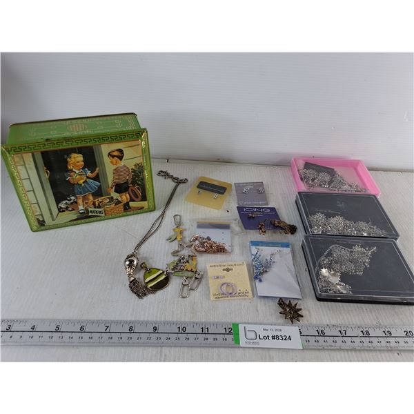 Vintage Watkins Tin & Assorted Jewelry- (3) Sets of East Indian Necklace/Earrings