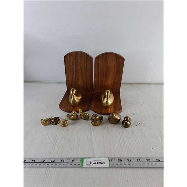Miniature Brass Birds &(2) Wooden Book Ends w/ Brass Duck
