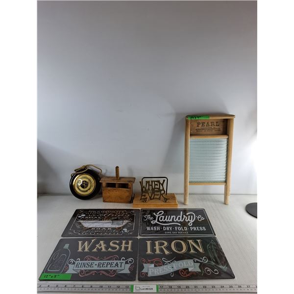 (4) Metal Signs, Small Pearl Washboard, Barometer, Butter Press, Letter Holder - PICK UP