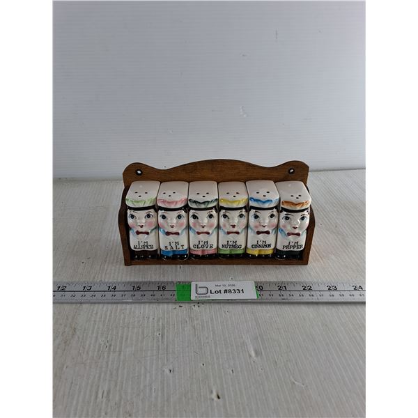 (6) Spice Containers in Wooden Rack