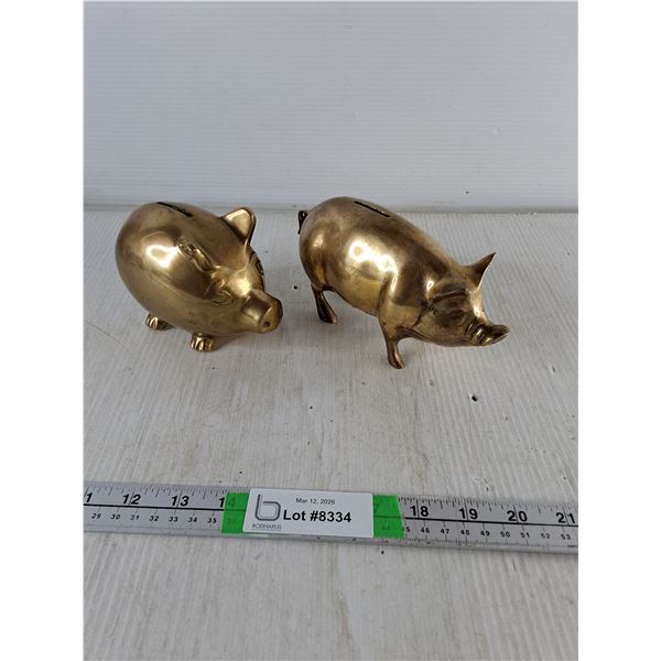 (2) Brass Piggy Banks- One Missing the Bottom