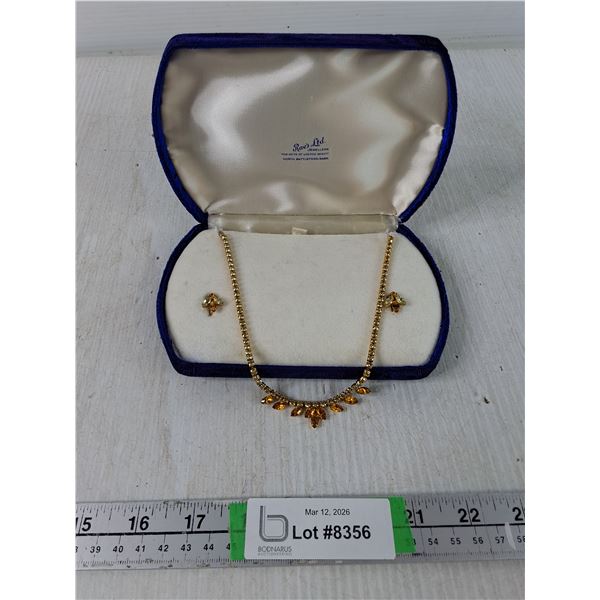 Vintage Citrine Rhinestone Necklace & Earrings w/ Case - 1950s