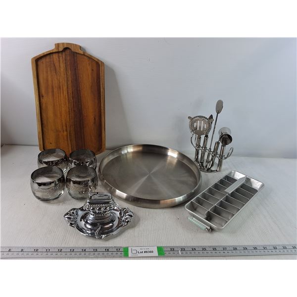 Charcuterie Board, Vintage Table Lighters, (4) Silver Fade Glasses, Ice Cube Tray