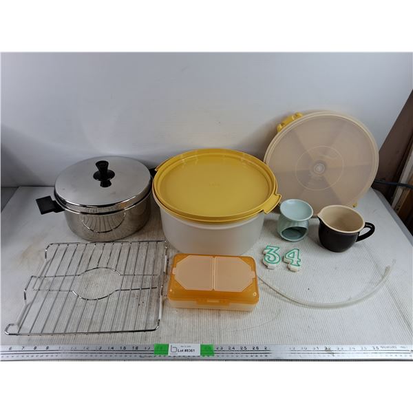11" Stock Pot, Tupperware Bowls & Divided Tray w/Lid, 3 & 4 CANDLES, Ceramic Creamer, Misc