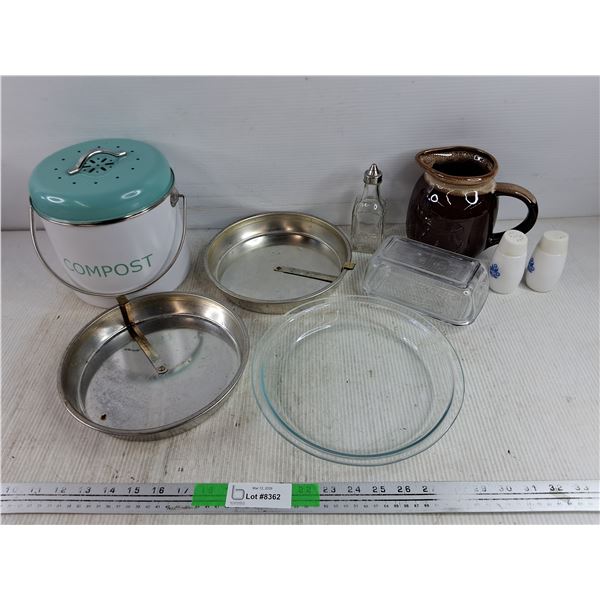 Metal & Glass Pie Pans, Vinegar Bottle, Ceramic Pitcher, Butter Dish, Salt & Pepper Shakers, Pot