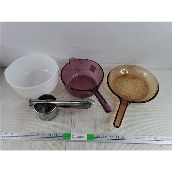 9" Milk Glass Bowl, Amber Glass Frying Pan, Pink Glass Pot, Hand Press Juicer - PICK UP