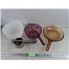 Image 1 : 9" Milk Glass Bowl, Amber Glass Frying Pan, Pink Glass Pot, Hand Press Juicer - PICK UP