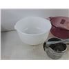 Image 2 : 9" Milk Glass Bowl, Amber Glass Frying Pan, Pink Glass Pot, Hand Press Juicer - PICK UP