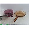 Image 3 : 9" Milk Glass Bowl, Amber Glass Frying Pan, Pink Glass Pot, Hand Press Juicer - PICK UP