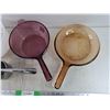 Image 4 : 9" Milk Glass Bowl, Amber Glass Frying Pan, Pink Glass Pot, Hand Press Juicer - PICK UP