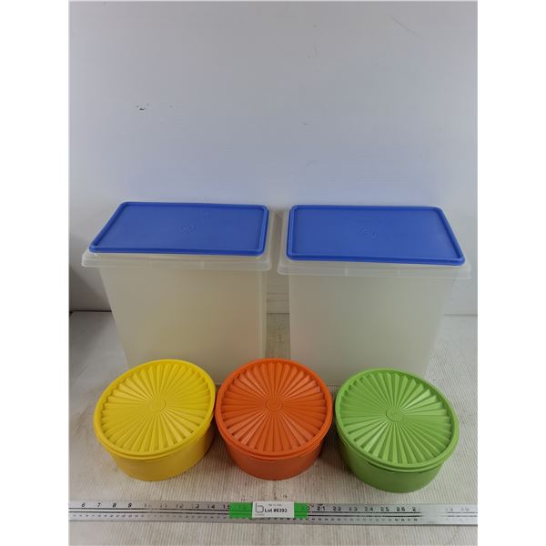 (3) Tupperware Food Containers w/Lids 8", (2) Kitchen Storage Canisters