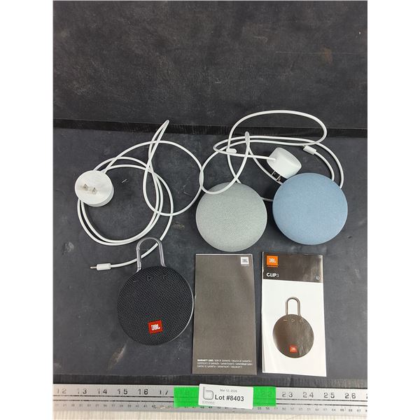 JBL Clip3 Portable Speaker - Powers On, As Is, (2) Google AI Assistant Systems - As Is