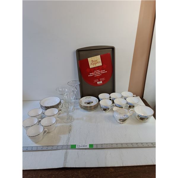 Assorted- China (Teacup/Saucer/Cream/ Sugar Bowl), Champagne Glasses,  Baking Pan, Candle Holder