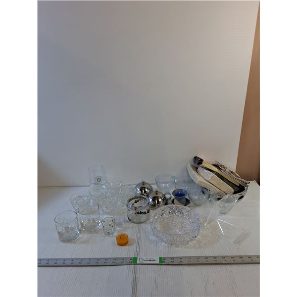 Assorted- Teacups,  Ashtray,  Cream/Sugar Set, Glassware, Napkins