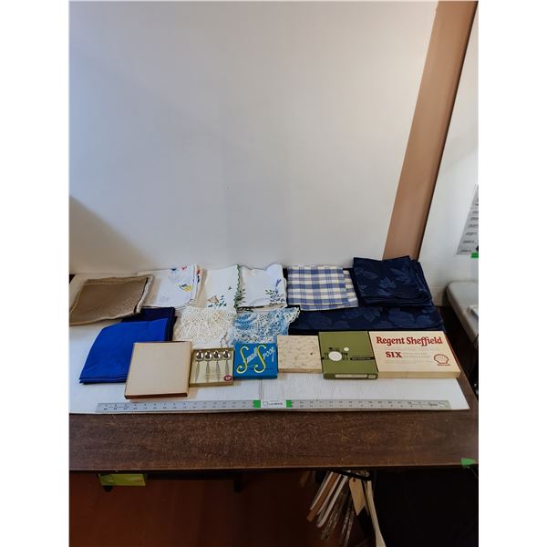 Assorted  - Place Mats,  Napkins  (Blue-8X), Doilies, Vintage Cutlery (Knives, Spoons, Cocktail Fork