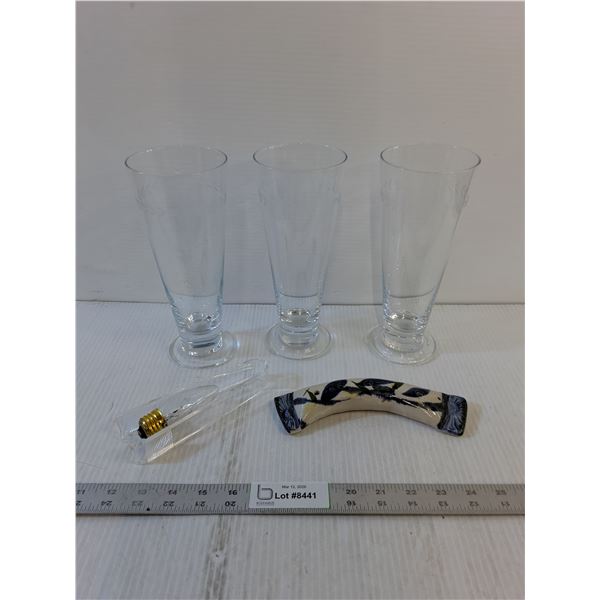 Assorted Glassware- Beer Glasses, Incense Holder, Tongs