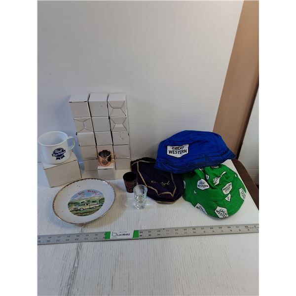 Assorted  - Alcohol Merchandise/Promotional Items ( Shot Glasses,  Great Western Hats, Collector Pla