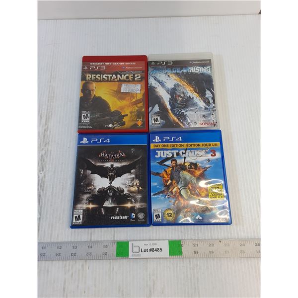 (4) Video Games (2) PS3 - Resistance 2, Metal Gear Rising (2) PS4 - Batman, Just Cause 3 - As Is