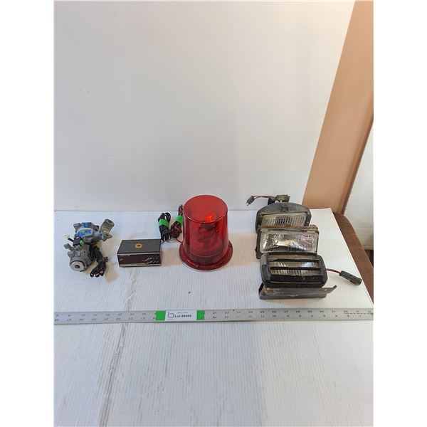 Assorted  - Automotive/Misc. - Ignition Cylinder, Vintage Spartus Alarm Clock, Beacon Light, Fog Lig