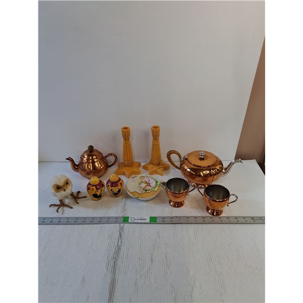 Assorted - Kitchenware/Decor- Flemish Copper Teapot/Cream/Sugar Bowl,  Tagus Teapot, S & P Shakers, 