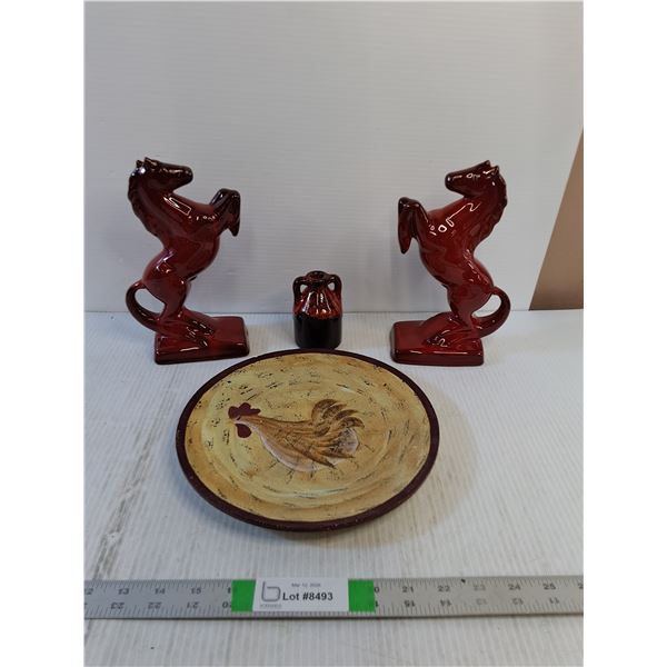 Assorted Decor - Plate, Jug, Horse Sculptures 9" Tall