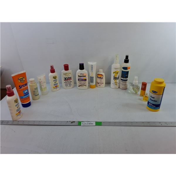 Sunscreen- Possibly Expired, Body Mist, Foot Powder, Misc. Cannot Ship