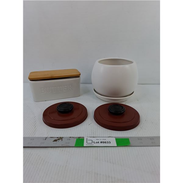 Ceramic Butter Dish & Planter 5", (2) Lids