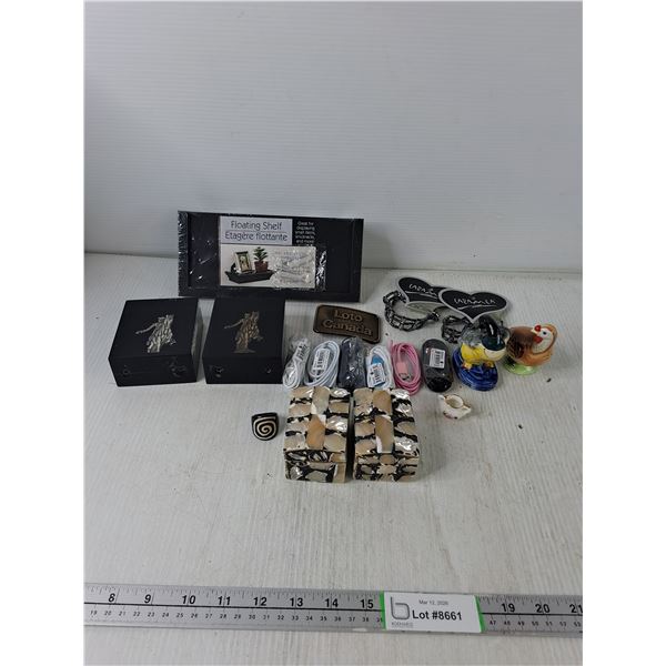 Minature Floating Shelf, (2) Trinket Boxes, (6) Earphones