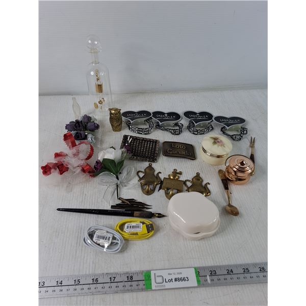 Brass Owl, (3) SIlk Flowers, Trinket Boxes