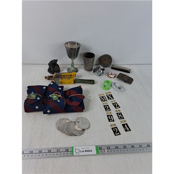 (3) Ties, Harmonica, Belt Buckle, Misc