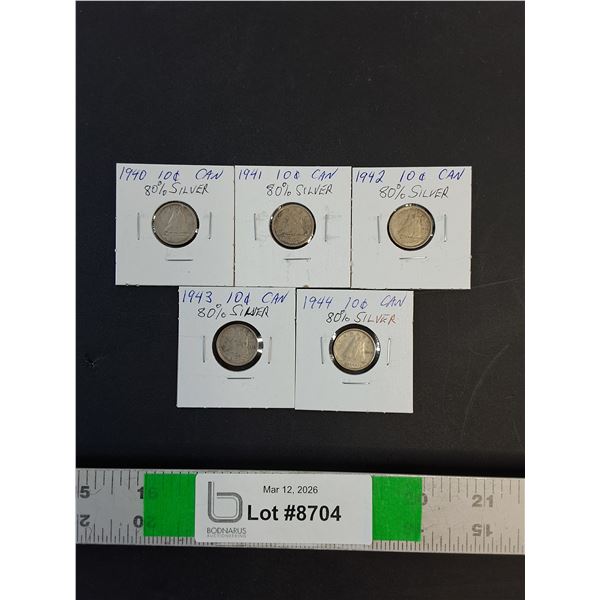 (5) Canadian Dime (80% Silver) 1940 thru 1944