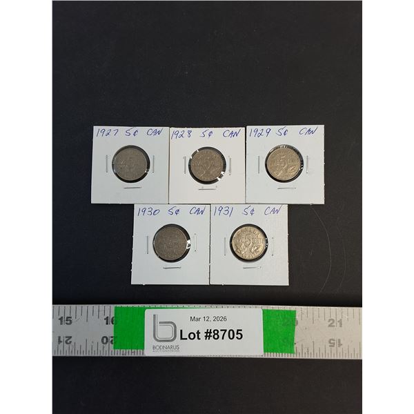 (5) Canadian Nickels  - 1927 thru 1931