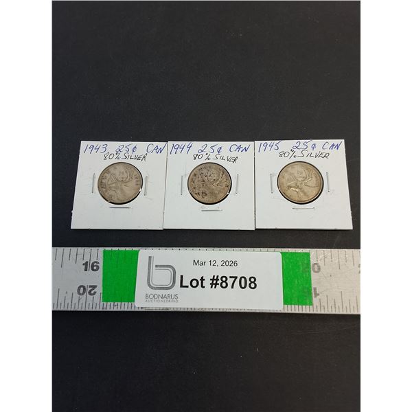 (3) Canadian Quarters (80% Silver) 1943 thru 1945