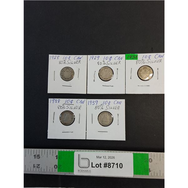 (5) Canadian Dime (80% Silver) 1928-1929, 1931, 1938-1939