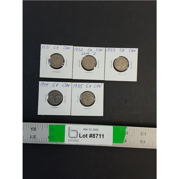 (5) Canadian Nickels - 1931 thru 1935
