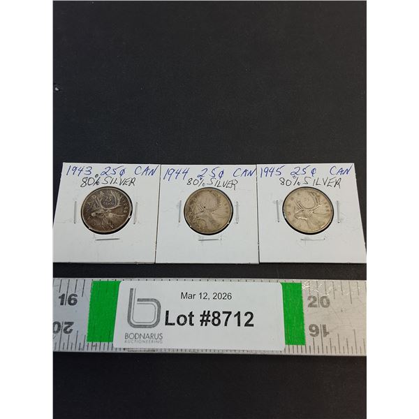 (3) Canadian Quarters (80% Silver) 1943 thru 1945