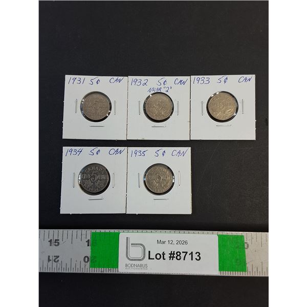 (5) Canadian Nickels - 1931 thru 1935