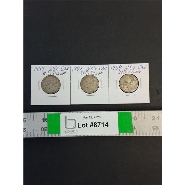 (3) Canadian Quarters (80% Silver) 1937 thru 1939