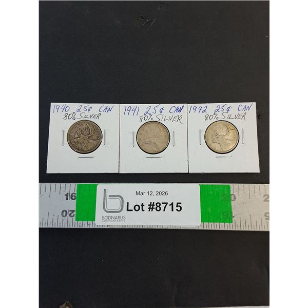 (3) Canadian Quarters (80% Silver) 1940 thru 1942