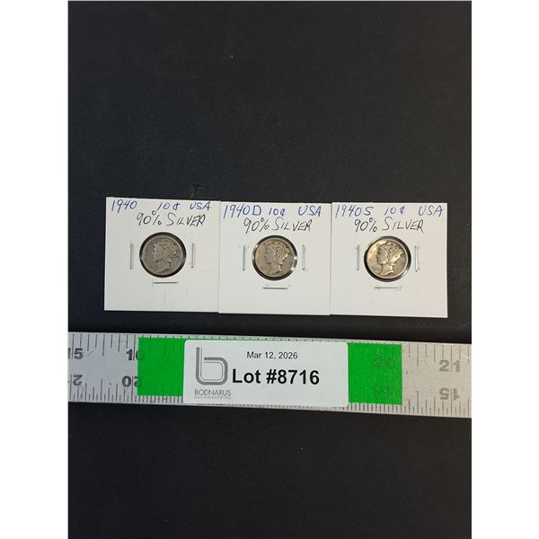 (3) USA Dime (90% Silver) 1940, 1940D, 1940S