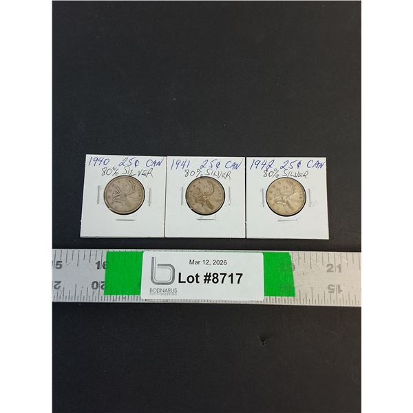 (3) Canadian Quarters (80% Silver) 1940 thru 1942